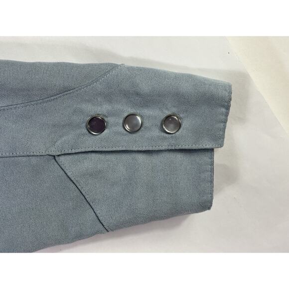 Rod's Womens Large Western Pearl Snap Shirt FLORAL Blue Microsuede Faux Suede LS - Picture 9 of 12